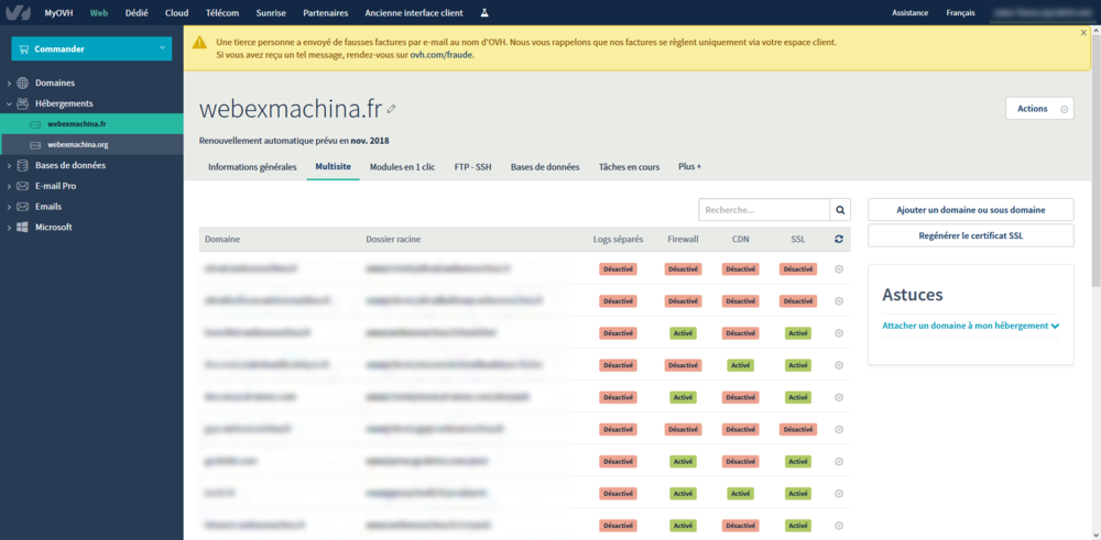 Capture de l'interface multi-site Web ex Machina sur le site OVH