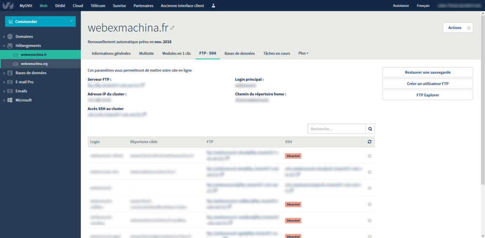 Capture de l'interface de gestion des comptes FTP Web ex Machina sur OVH